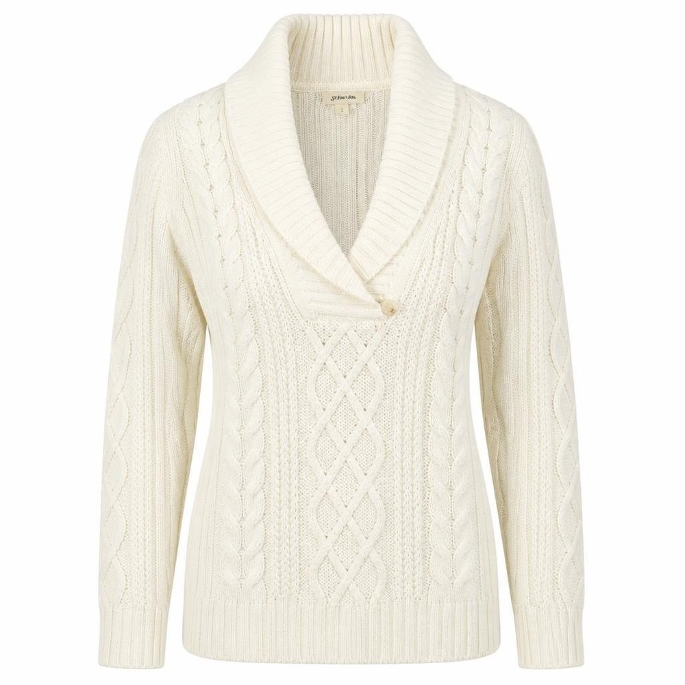 St. John's Bay Vtg Shawl Collar Sweater Womens L White Cable Knit Fisherman